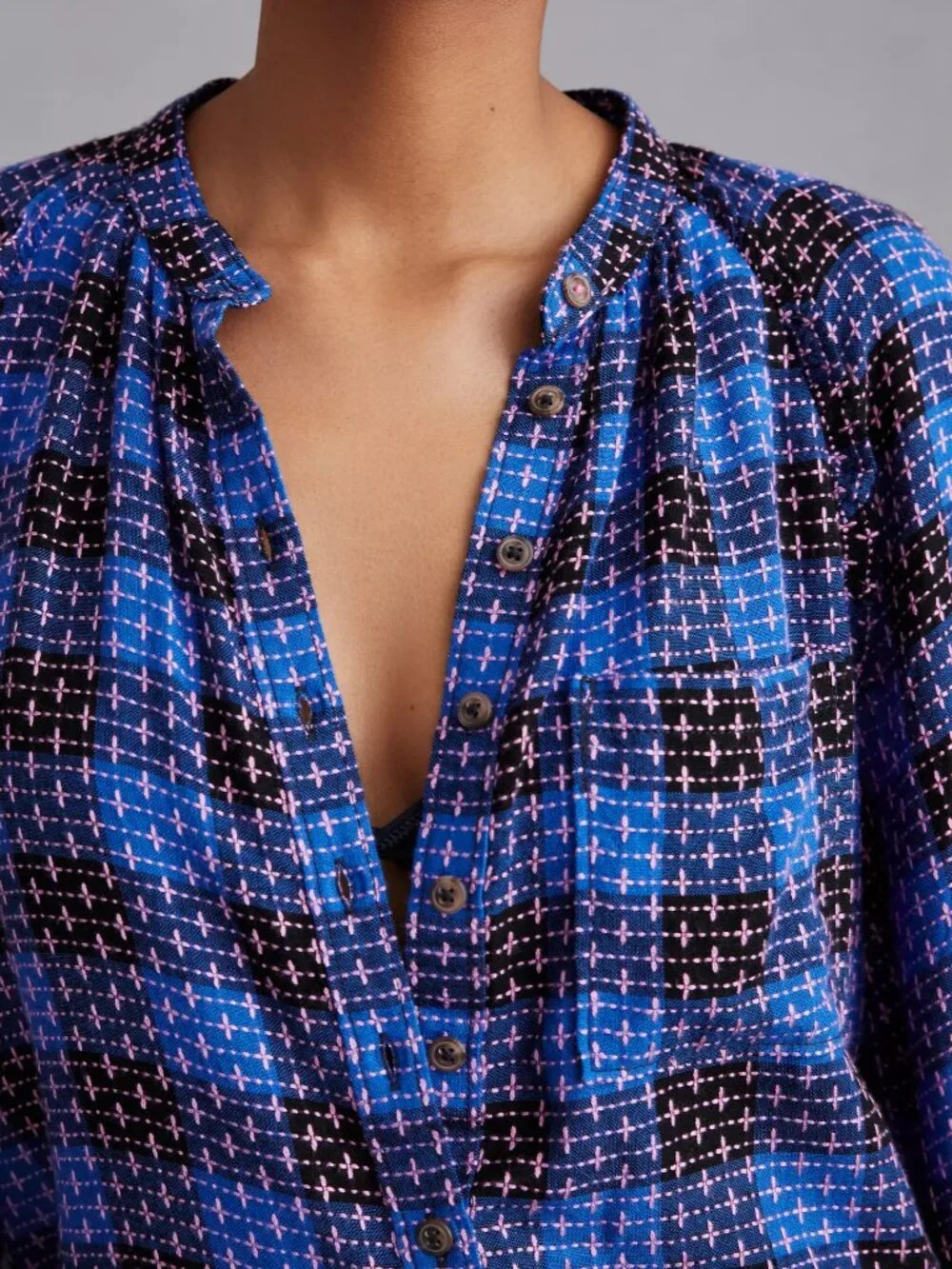 Pilcro Anthropologie blue pink black plaid ruffle button down shirt